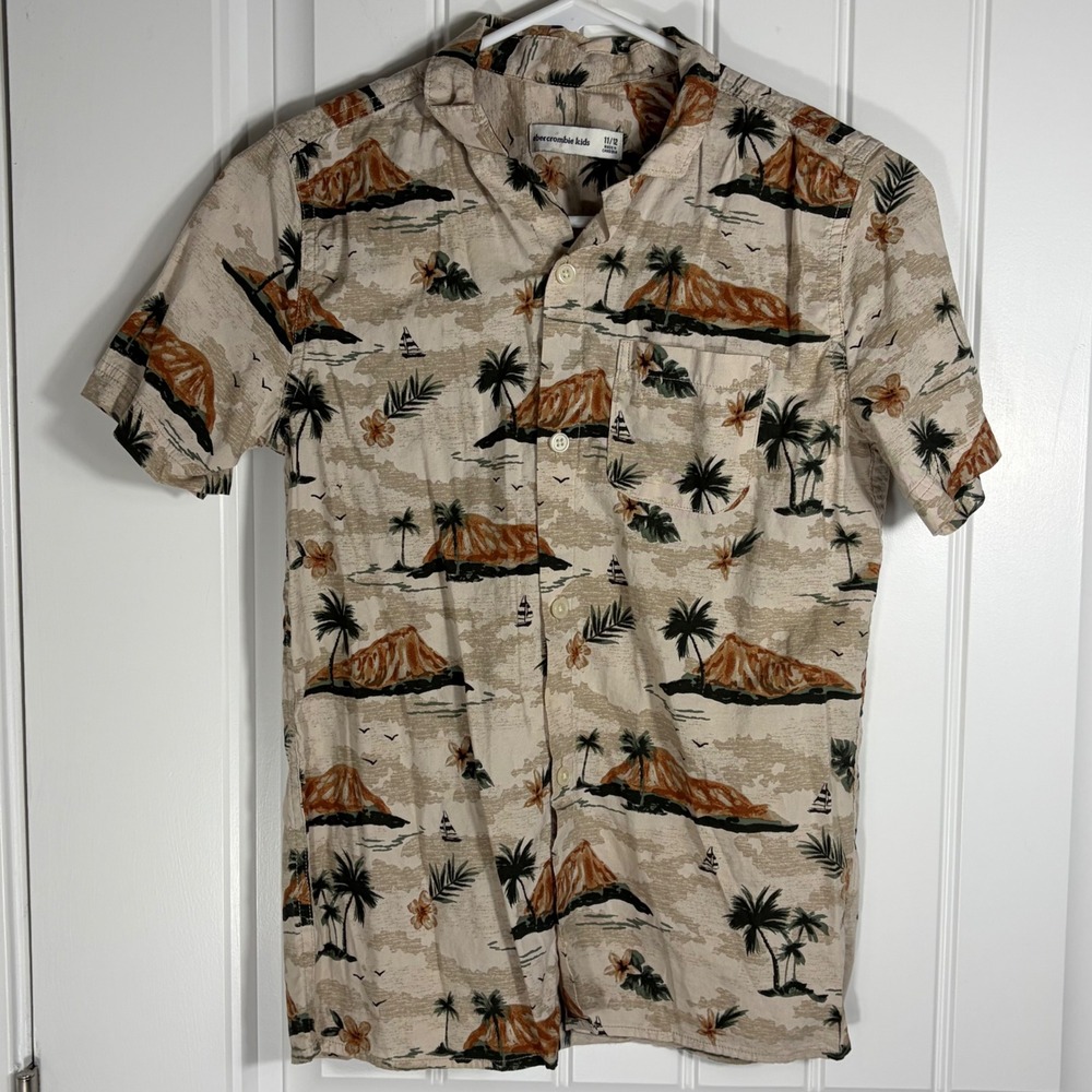 Abercrombie Kids Boys Tan Tropical Palm Mountain Print Button Down Shirt 11/12